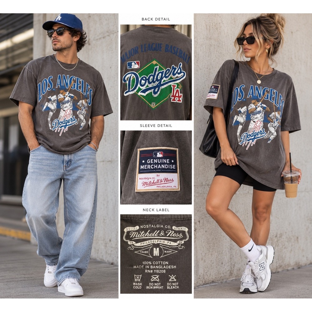 Mitchell & Ness LA Dodgers Graphic Tee M Double Sided MLB Vintage Wash Baseball